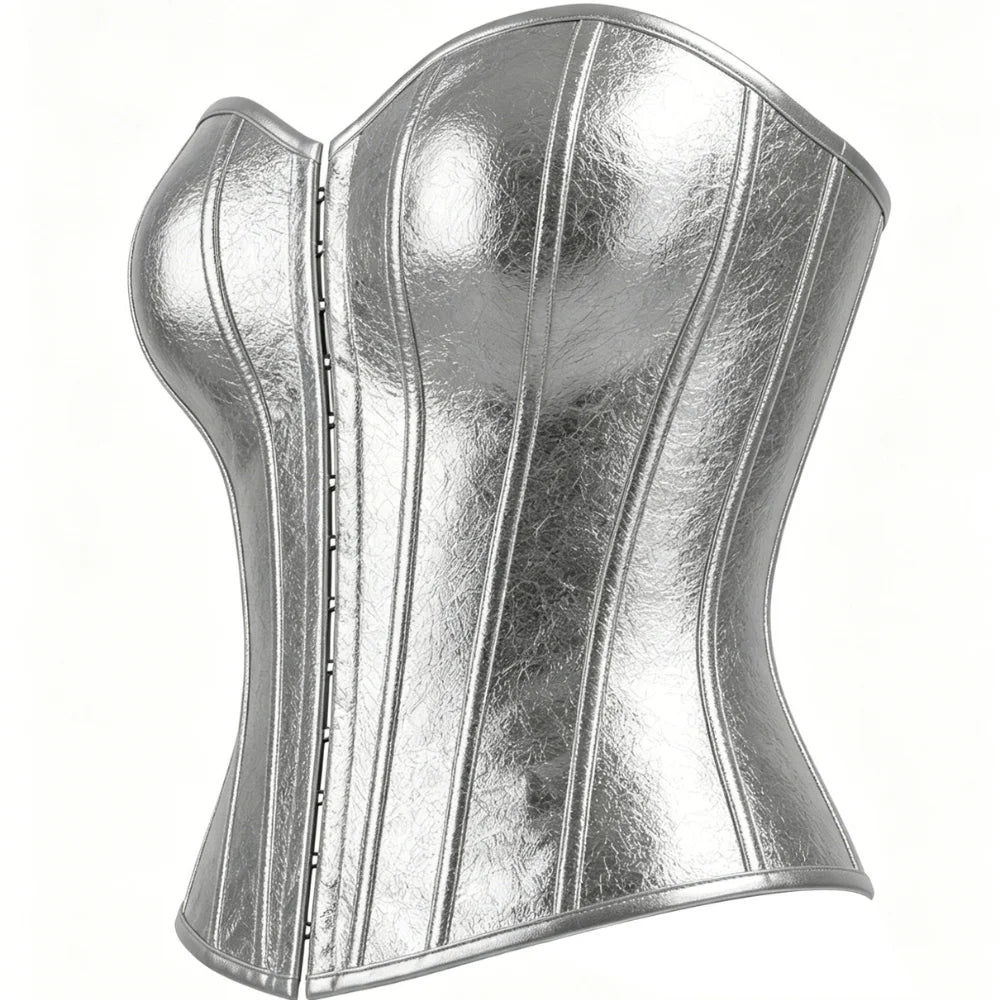 Women's Silver Metallic Strapless Corset Bustier Front Hook Back Lace-Up Waist Cincher Party Top
