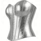 Women's Silver Metallic Strapless Corset Bustier Front Hook Back Lace-Up Waist Cincher Party Top