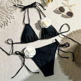 Sexy Flower Bandeau Swimwear Thong Bikini Women Lace-up Swimsuits Swimming Bathing Suit Brazilian Bikinis Set Mujer Biquini