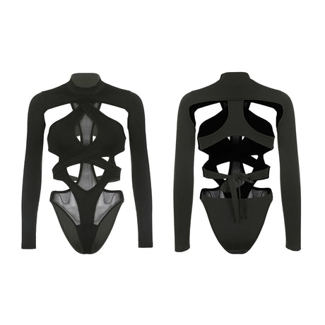 Women Bodysuits Long Sleeve High Neck Cut Out Leotard Body Top Y2K Gothic Club Shirts Summer Fall Streetwear