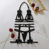 Women's Faux Leather Harness Underwear Lingerie Set Bow Decor Rhinestone Trim Halter Bra Garter Belt Panty 3‑Pcs Intimate Outfit