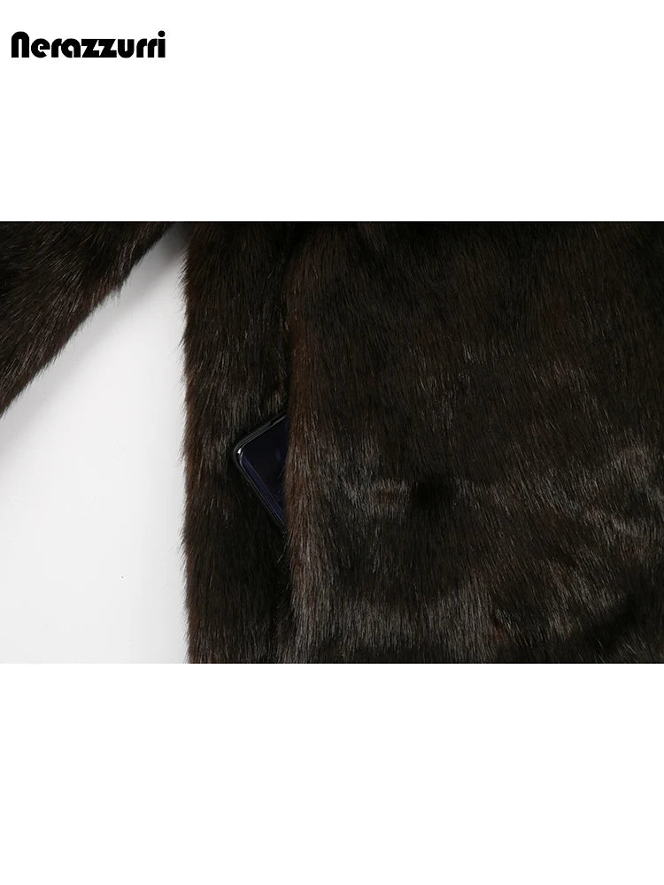 Nerazzurri Autumn Winter Extra Long Thick Warm Brown Fluffy Faux Mink Fur Coat Women Luxury Elegant Chic Furry Overcoat 2024