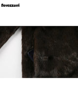 Nerazzurri Autumn Winter Extra Long Thick Warm Brown Fluffy Faux Mink Fur Coat Women Luxury Elegant Chic Furry Overcoat 2024