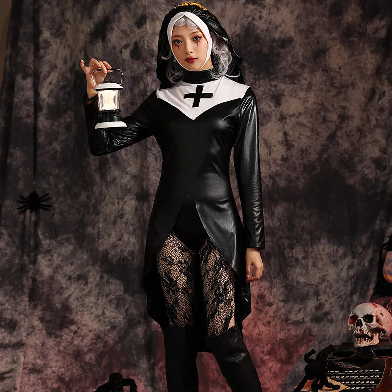 Saintlike Seductress Costume Sexy Vinyl Nun Halloween Costume Fancy Dress
