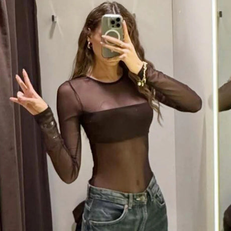 HXAO Brown Transparent Mesh Bodysuit Women 2026 Sexy Slimming Long Sleeve Lingerie Top Chic Tulle Bodycon Thong Fishnet Bodysuit