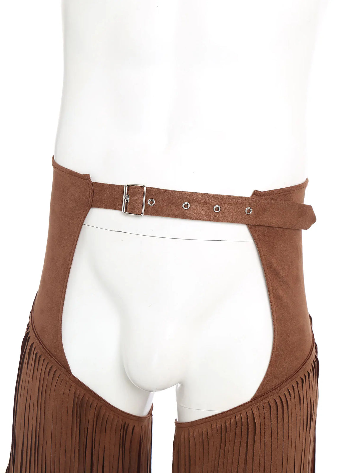 Mens Western Cowboy Chaps Fuax Suede Tassel Hollow Out Open Crotch Long Pants Adjustable Buckles Waist Motorcycle Biker Trousers