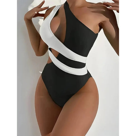 Sexy Swimwear Women Color Block Hollow Out Design One Shoulder Bikini Bodysuit Summer Beach Vacation High Cut One Piece Swimsuit