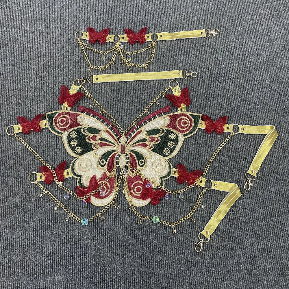 Women's Butterfly Embroidered Top Crystal Chain Sleeveless Cropped Top Camisole Backless Adjustable Sexy Beach Holiday Y2K Top