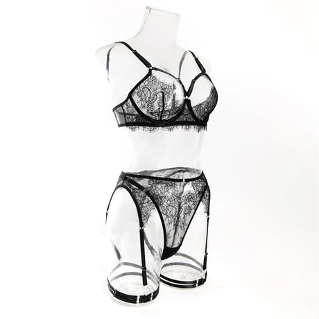 Krasapt Fancy Lace Sexy Lingerie 4 Pcs Sets Sexi Hollow Out Sheer Bras And Thongs Garter Suits With Peplum Skirt Erotic Outtits