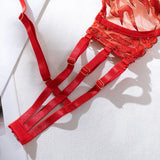 Red Bondage Lingerie Set Women Gold Chain Lace Harness Unlined Underwire Bra Garter Belt Thigh Rings Gothic Punk Exotic Apparel