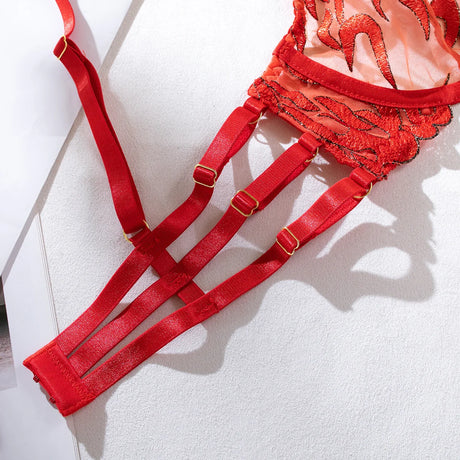 Red Bondage Lingerie Set Women Gold Chain Lace Harness Unlined Underwire Bra Garter Belt Thigh Rings Gothic Punk Exotic Apparel