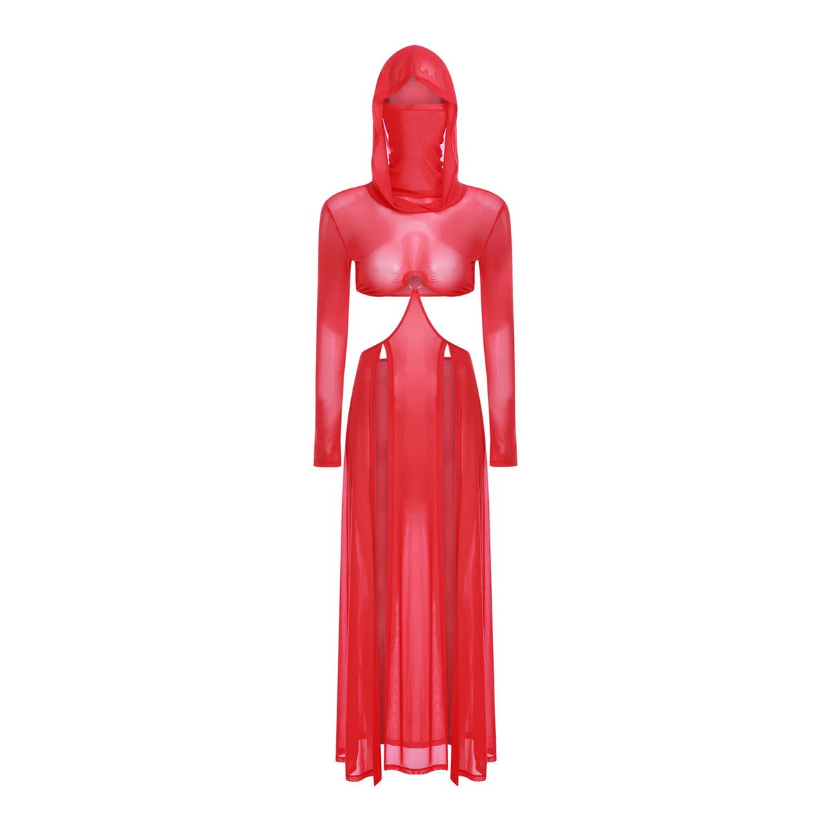 Women Wet Look Mesh Maxi Dress with Hooded Cosplay Sexy High Slit Lingerie Face Mask Long Sleeves Hollow Out Sheer Nightdress