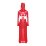 Women Wet Look Mesh Maxi Dress with Hooded Cosplay Sexy High Slit Lingerie Face Mask Long Sleeves Hollow Out Sheer Nightdress