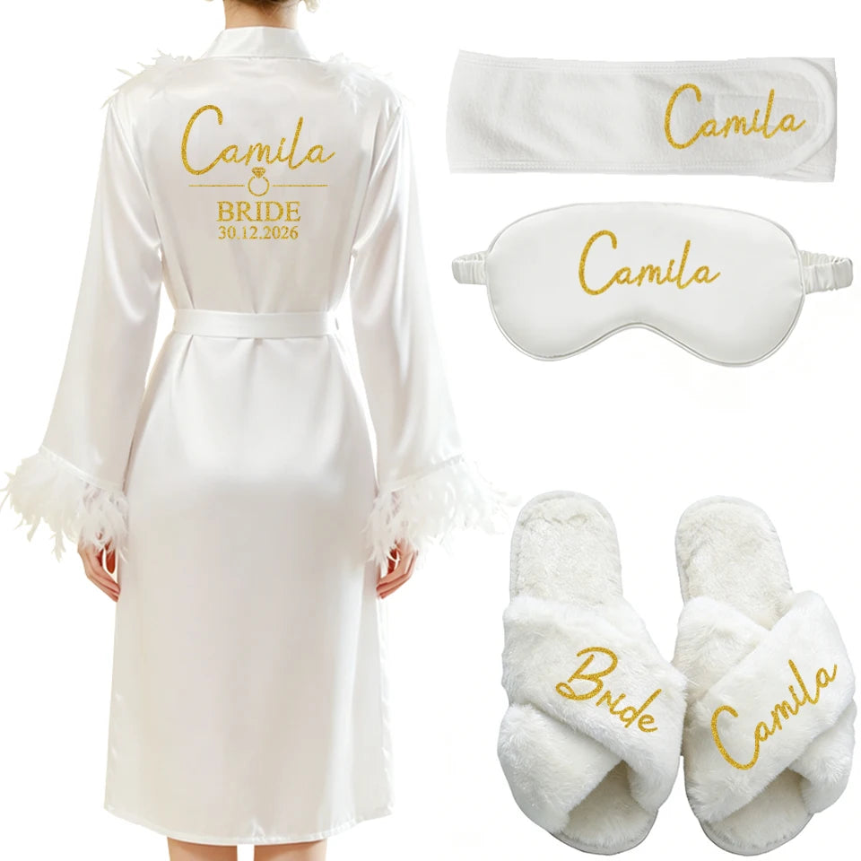 Personalized Name Date Wedding Feather Bride Robe Bridesmaid Bathrobe Nightwear Long Elegant Woman Gown Sexy Nightgown for Party
