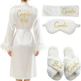 Personalized Name Date Wedding Feather Bride Robe Bridesmaid Bathrobe Nightwear Long Elegant Woman Gown Sexy Nightgown for Party