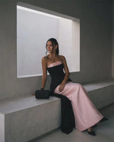 Sansa Customized Contrast Color Strapless Satin Evening Dress Black Pink Patchwork Waist Bow Long Side Train Wedding Guest Gown