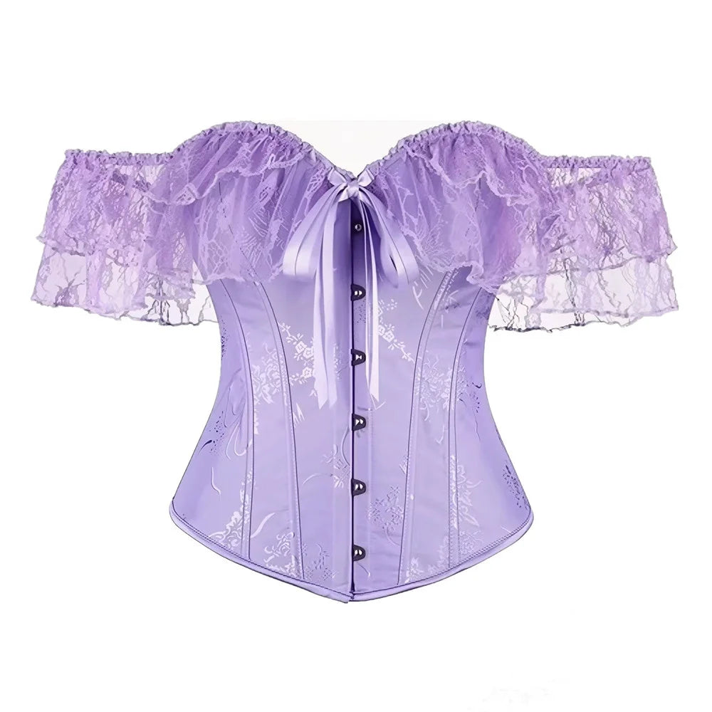Women Sky Blue Retro Jacquard Corset Tops Lace Short Sleeved One Shoulder Sexy Slimming Shaper Overbust Bustiers Lingerie