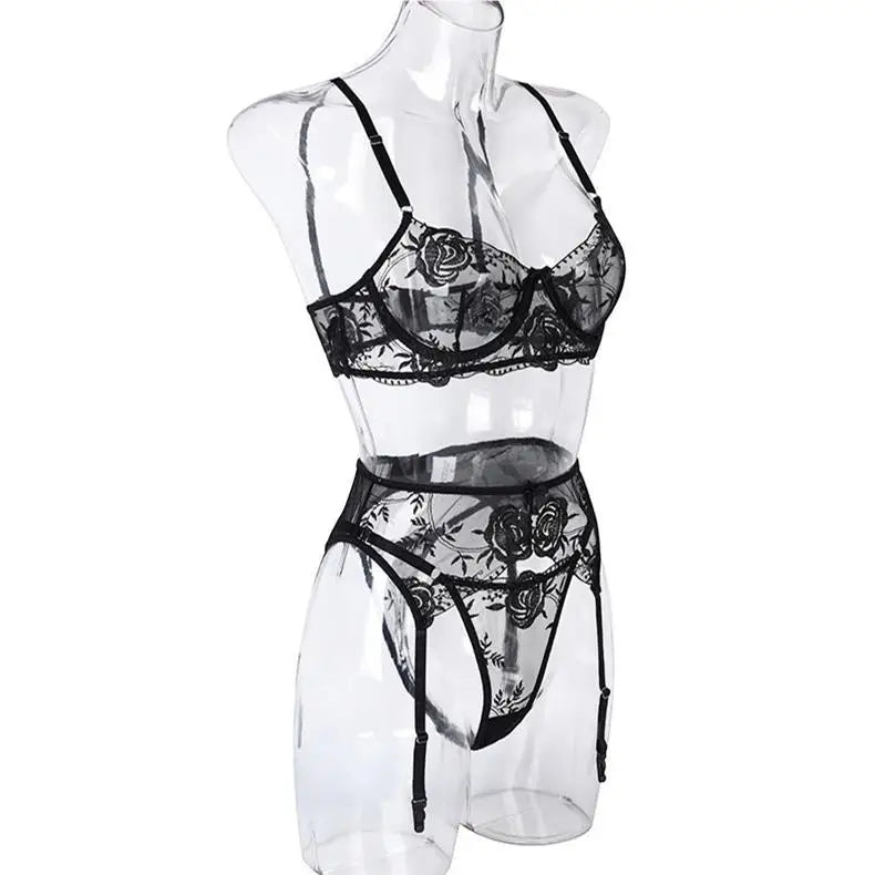 Toucheart 3 Piece Set Sexy Lace Embroidery Bra Set For Women Mesh Patchwork Perspective Sexy Garters Steel Rings Underwear Set