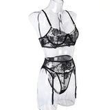 Toucheart 3 Piece Set Sexy Lace Embroidery Bra Set For Women Mesh Patchwork Perspective Sexy Garters Steel Rings Underwear Set