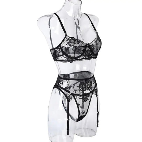 Toucheart 3 Piece Set Sexy Lace Embroidery Bra Set For Women Mesh Patchwork Perspective Sexy Garters Steel Rings Underwear Set