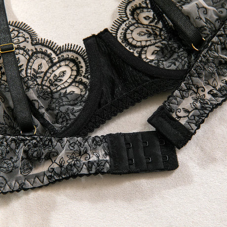 Wedding Night Gift 3 Piece Black Lace Lingerie Set for Women Bra with Garter Belt and Thong Sexy Bridal Underwear