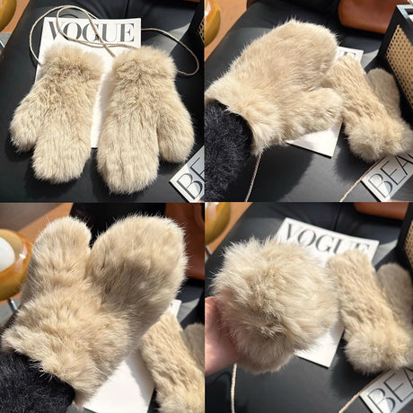 Hot Sale Women's 100% Natural Rabbit Fur Winter Gloves Warm Knit Thick Thermal Mittens Soft Real Fur Outdoor Cold Weather Glove