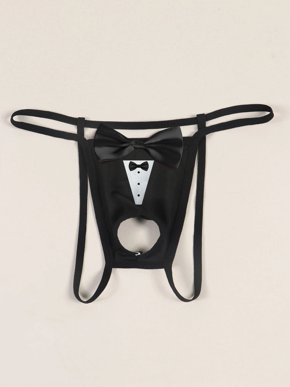 Men's Sexy Bow Decoration Thong Underwear with Fun Printed Breathable Soft Hollow Out Underwear