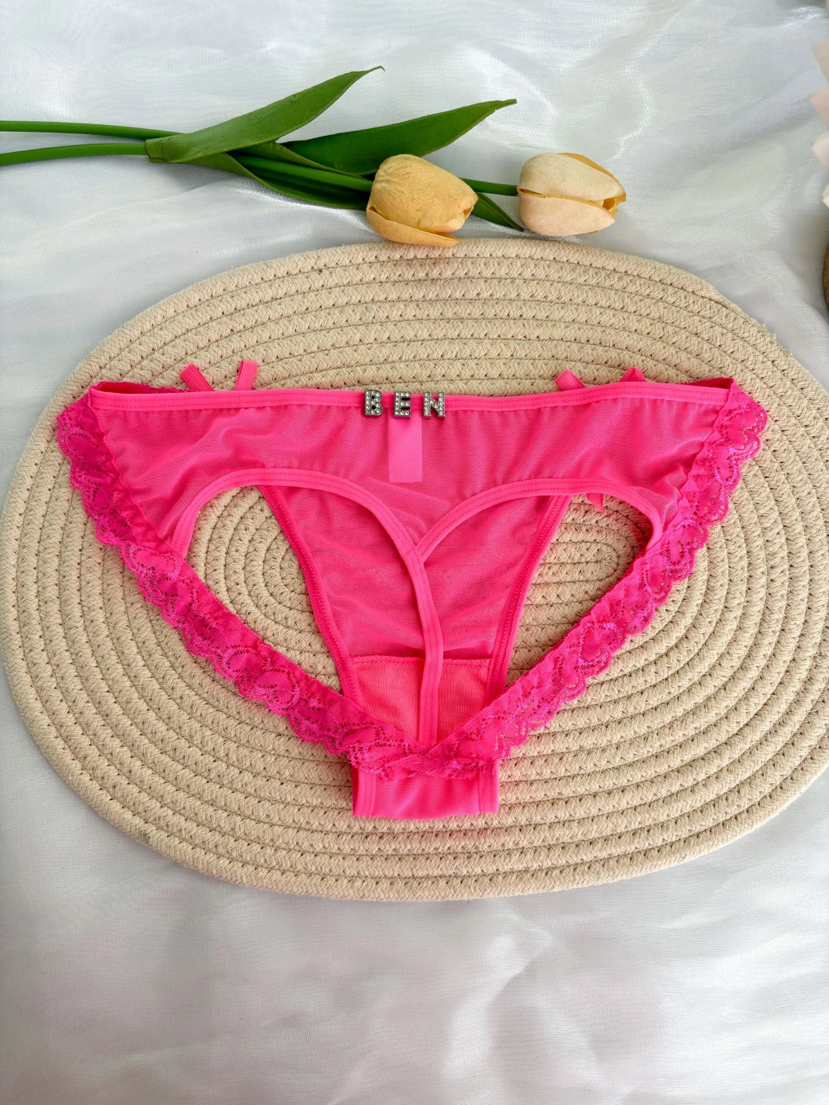 Custom Rhinestone Letter Name Underpants Sexy Mesh Panties Low Rise Hollow Hip Briefs Personalized Gift Wife Lover Anniversary