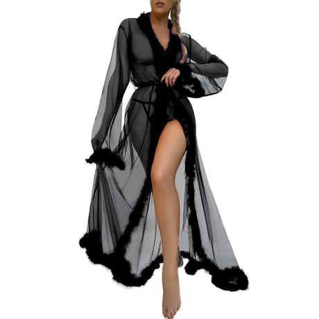 Sexy Mesh Feather Nightdress For Women Thin Robe Long Lingerie Nightgown Bathrobe Pajamas Sexy Lingerie Sleepwear Porn Babydoll
