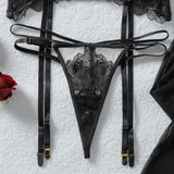 Sexy Lace Faux Leather Underwear Set Harness Bra Choker Garter Belt Thong Stockings Seductive Romantic Lingerie Set of Woman