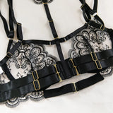 Sexy Lace Lingerie Set With Garter Belt Eyelash Underwire Bra Nude Illusion Strappy Sensual Costume Exotic Underwear Party Club