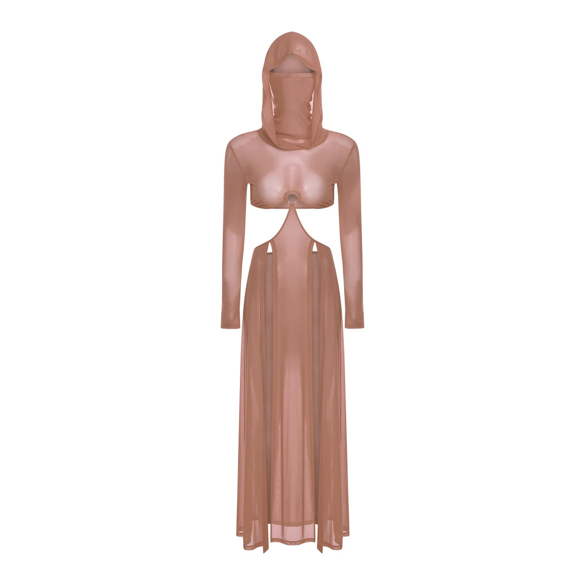 Women Wet Look Mesh Maxi Dress with Hooded Cosplay Sexy High Slit Lingerie Face Mask Long Sleeves Hollow Out Sheer Nightdress