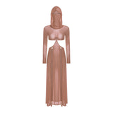 Women Wet Look Mesh Maxi Dress with Hooded Cosplay Sexy High Slit Lingerie Face Mask Long Sleeves Hollow Out Sheer Nightdress