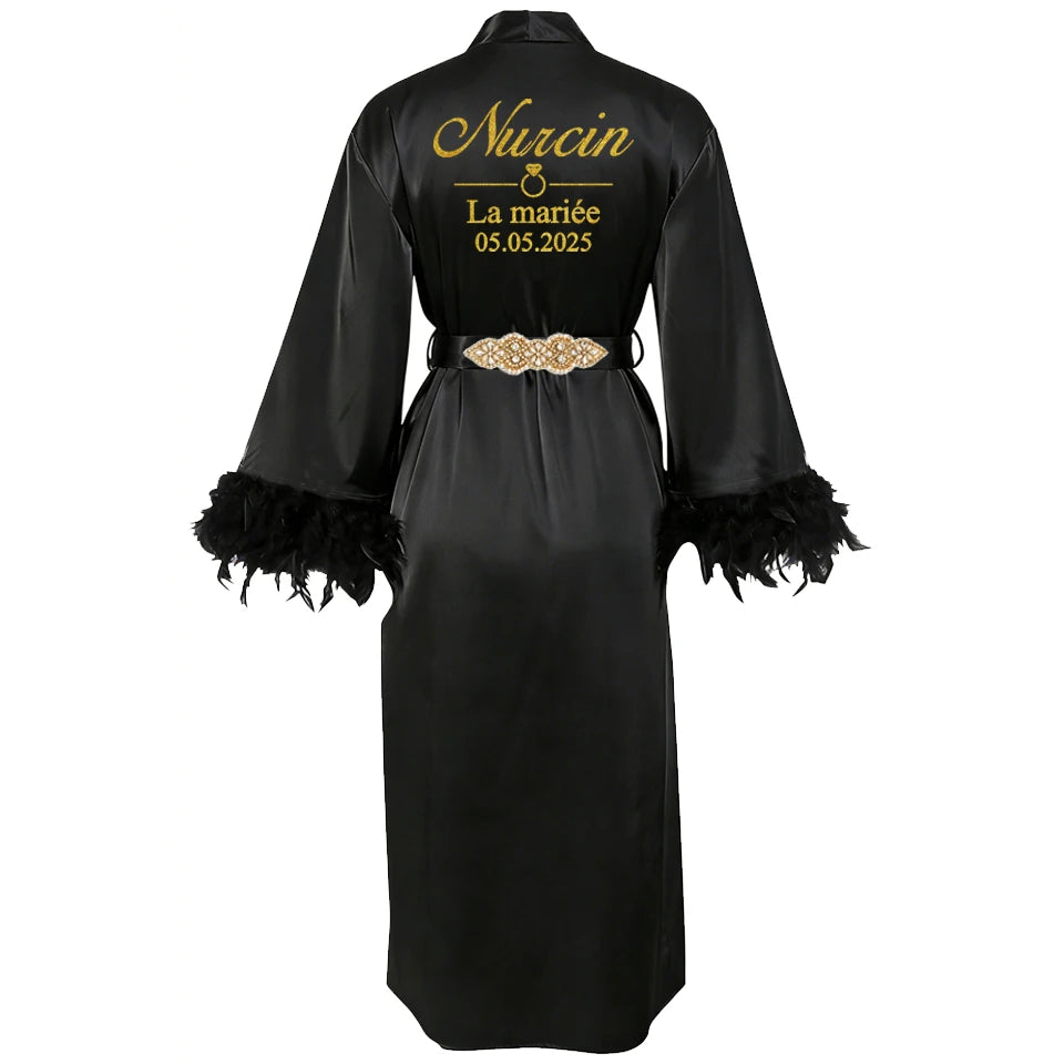 Customized Bathrobe for Women Personalized Name And Date Robe Add Any Text Gown for Bridal Party Feather Bride Robes