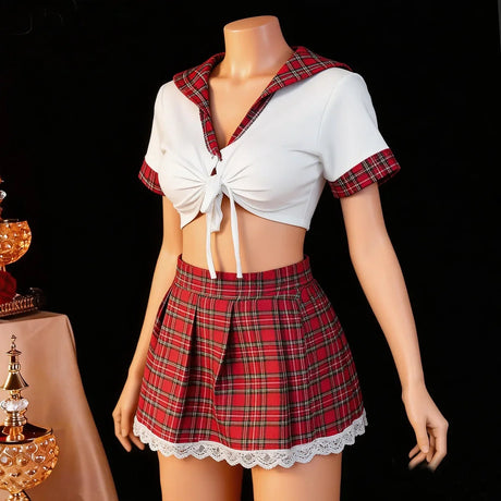 Women Sexy Lingerie Plaid Cosplay Uniform Role Play Costume Erotic Underwear Checkered Nightwear Fancy Dress Plus Size Set
