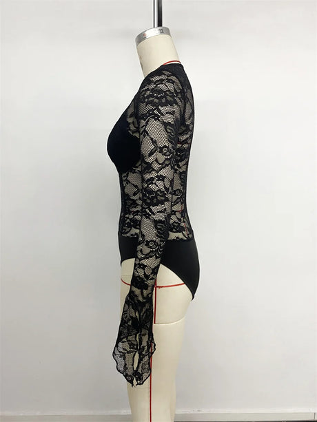 Benuynffy Black V-neck Long Sleeve Bodysuit Women's Sexy See Through Lace Bodys for Women Slim Fit One Pieces Tight Body Top