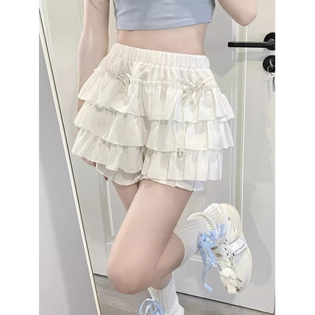 MEXZT Y2K Sweet Ruffles Mini Skirt Women Kawaii Lolita Bow A Line Skirts Harajuku Japanese High Waist Pink White Ball Gown Skirt