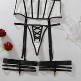 Women's Black White Contrast Strappy Lingerie Set 4PCS Underwire Bra Waist Cincher Garter Belt Thong Thigh Cuffs Sexy Intimate