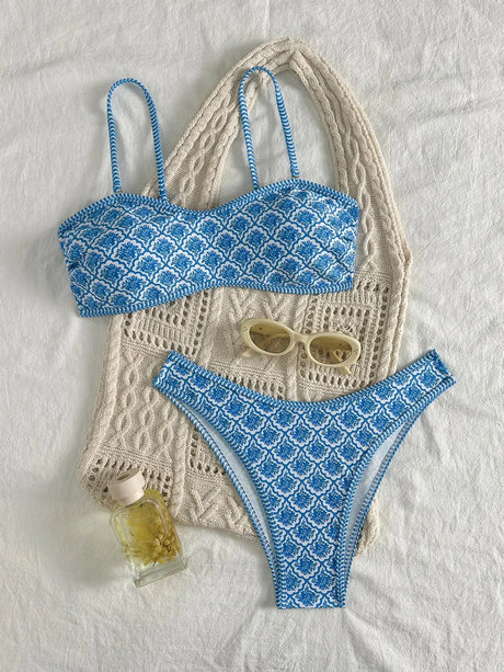 Sexy Bandeau Bikini  Women Green Floral Pleate Push Up Padded Thong Swimsuit Summer Bathing Suit Two Piece Swimwear Biquini