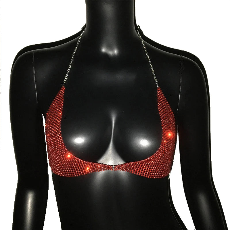 FestivalQueen Sequined Tops for Women Crystal Diamonds Boob Bra Party Club Metal Strap Rhinestone Bras Silver and Gold