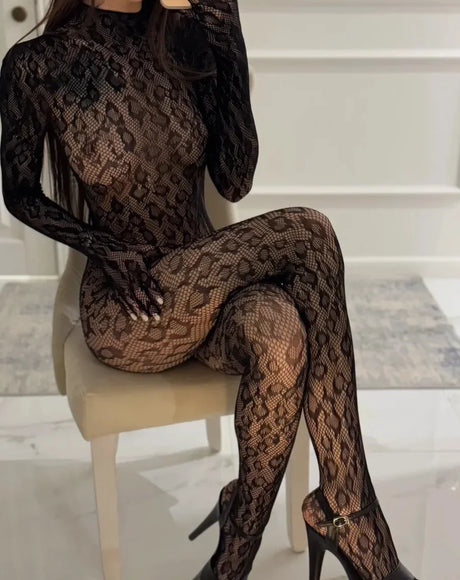 Toucheart Erotic Mesh Bodysuit Leopard Print Hollow Out Sexy Uniform Women Body Shaping See-through Seductive Hot Flirt Bodysuit