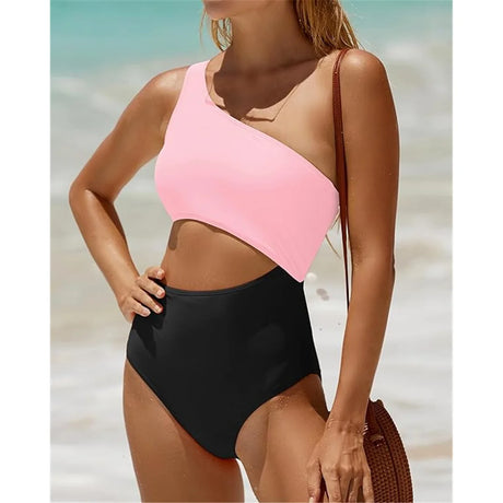 Vzvn 2026 New Women Swimwear Female Padded Bather Bathing Suit Swim Colors Cut Out One Shoulder Splicing One Piece Swimsuit