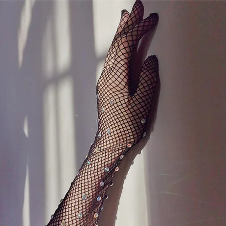 Sexy Elastic Mesh Gloves With Colored Flash Diamonds Bungee Stage Performance Hollow Fishing Net Punk Hiphop Women's Gloves R51