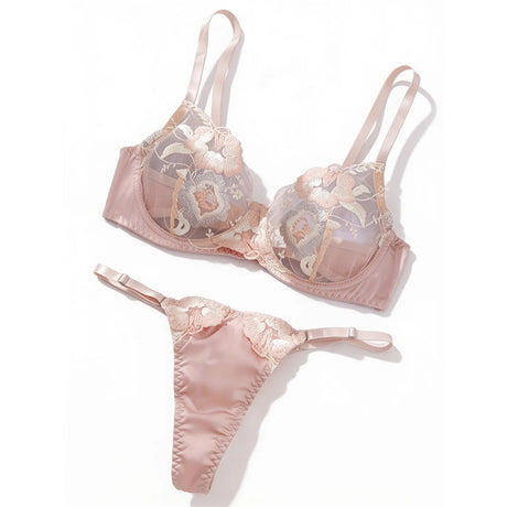 Women's Pink Sheer Hot Sexy Adult Lingerie Ladies Floral Lace Sexy Bras Set Push Up Bra Underwire Women Bra and Panties Sets