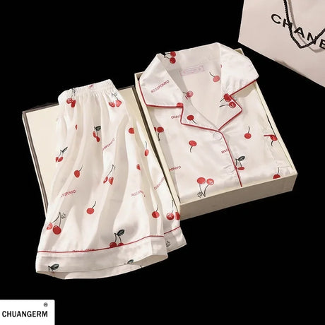 Cherry Print Silk Pajamas Set For Women Summer Short Sleeve Shirt And Shorts Two Pieces Sleepwear Homewear Nightwear