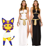 Ancient Egyptian Queen Inspired Ankha Cosplay Costume Set, White/Black Goddess Dress Gold Accents for Halloween & Themed Parties