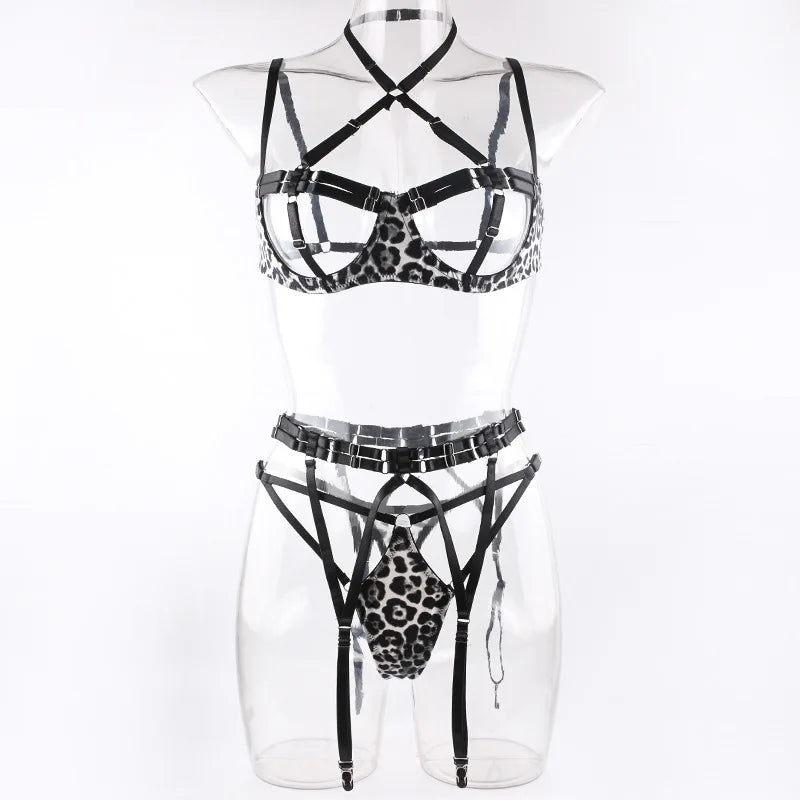 Sexy Lingerie Set for Women Hollow Out Open‑cup Underwire Bra Garter Belt Multi‑piece Bondage Lingerie Kit