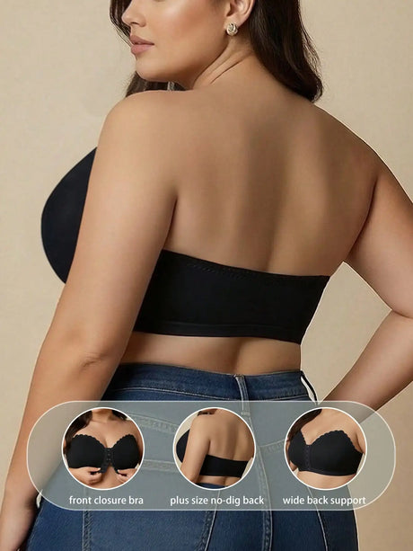 Summer Thin Black Strapless Front-Clasp Bra, Curve Large-Size Underwear, Wireless Bra Bandeau, Comfortable Single Bra Piece