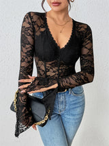 Benuynffy Black V-neck Long Sleeve Bodysuit Women's Sexy See Through Lace Bodys for Women Slim Fit One Pieces Tight Body Top
