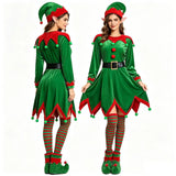 Adult Christmas Themed Elf Cosplay Costume Set Full Outfit with Long-Sleeve Green Dress for Holiday Parties Christmas Attire